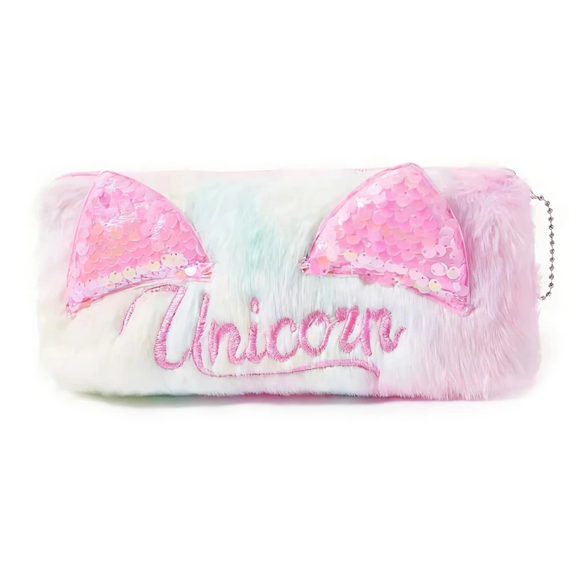 Unicorn Fur Pencil Pouch for Girls – Cute Pastel Pink Glitter School Stationery Bag with Zipper, Large Capacity (77-18)